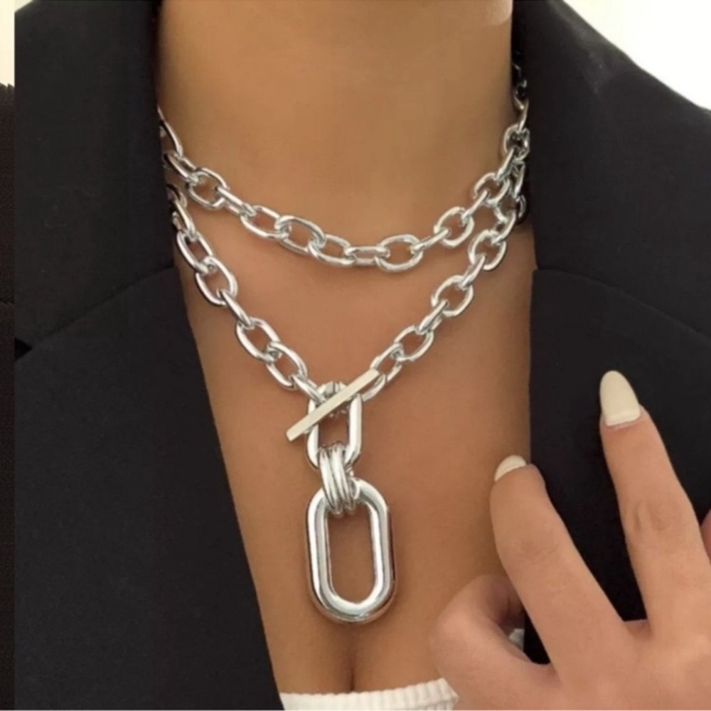 Oversized 18k Gold Plated Silver Chunky Toggle Statement Necklace new